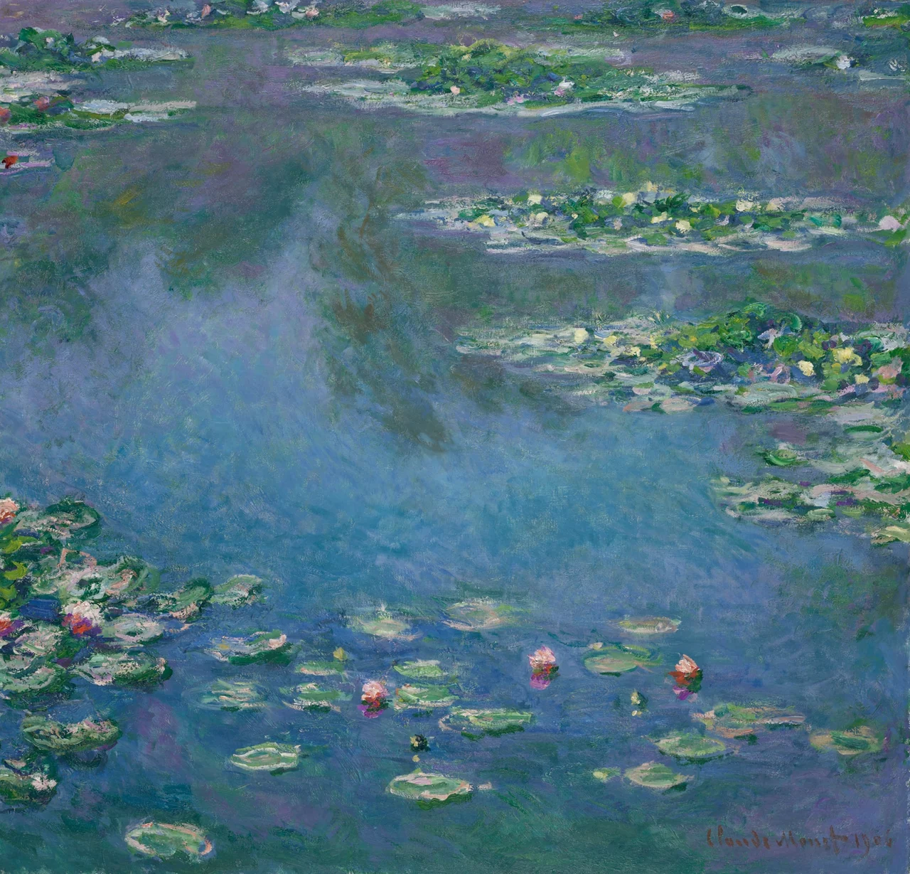Claude Monet’s Water Lilies: green lily pads and pink-white flowers float on a blue and violet pond.